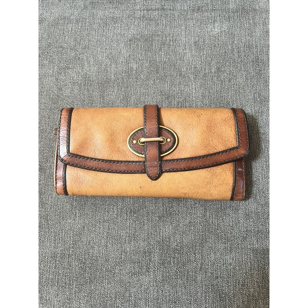 Vintage Fossil 2 Tone Leather Clutch/Wallet Tan & Brown Trifold